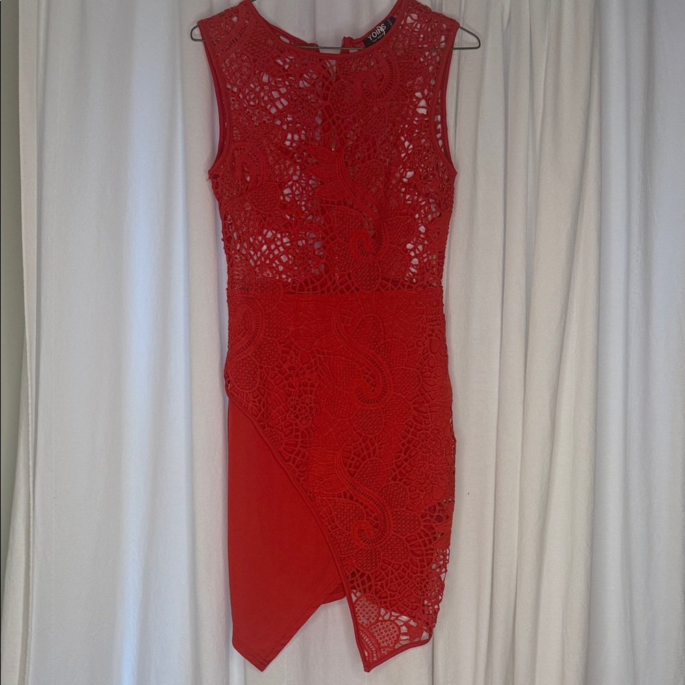 YOINS Red Asymmetrical Lace Dress